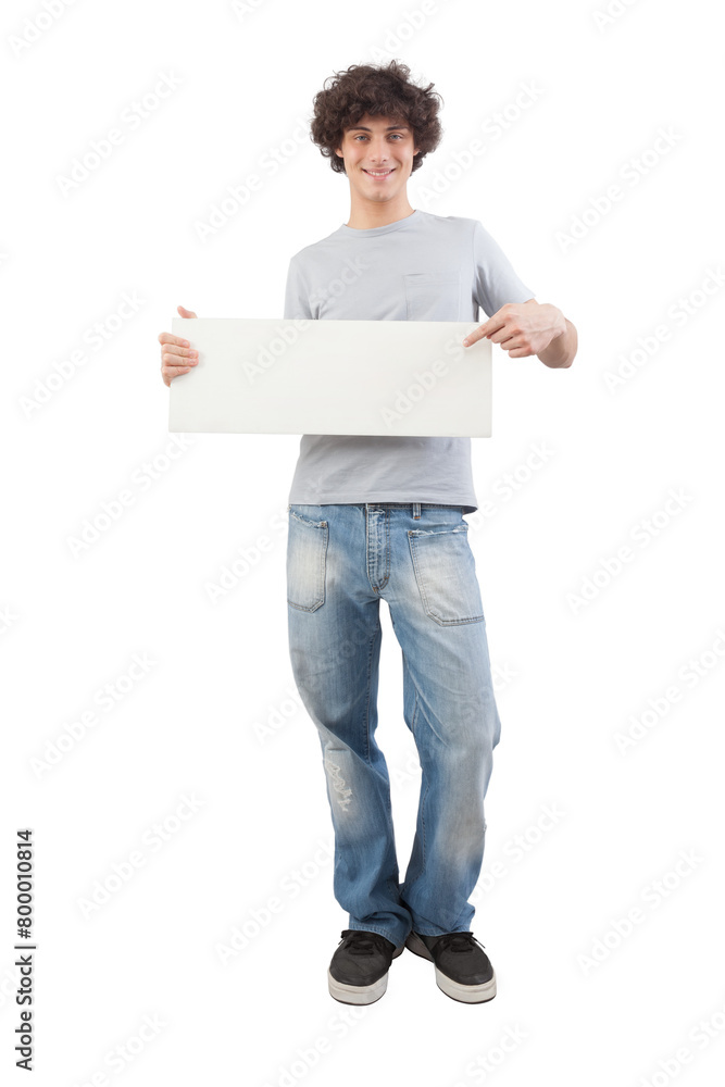 Young man, smiling and handsome, pointing with finger to show a blank white signboard, isolated on gray background. Placard copy space for text or logo, banner for advertising or promotional messages Young man, smiling and handsome, pointing with finger to show a blank white signboard, isolated on gray background. Placard copy space for text or logo, banner for advertising or promotional messages