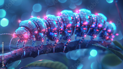 A glowing blue and pink robotic caterpillar on a branch photo