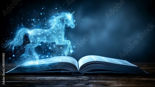 A blue unicorn emerges from a book. An open book with magical creatures leaping out, leaving room for dialogue on the surprise elements of storytelling © weerasak