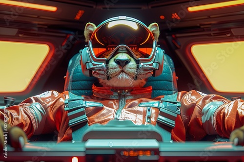 A cheetah wearing a spacesuit is sitting in the cockpit of a spaceship.
