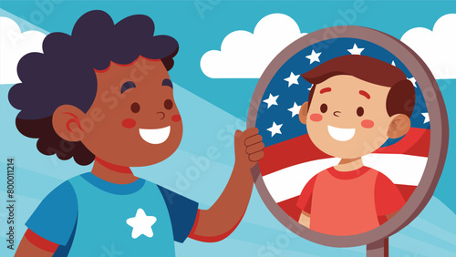 The joy and amazement on a childs face as they see their reflection proudly displaying the American flag on their skin.. Vector illustration