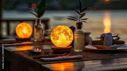 A serene outdoor dining setup with glowing orb lights at dusk, creating a warm ambiance.