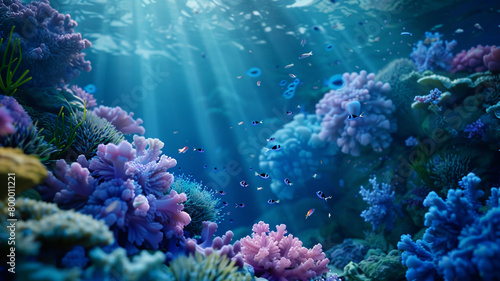 beautiful sea ocean landscape background with coral reefs, anemones, turtles, clown fish, nemo. Deep blue sea with big whale photo