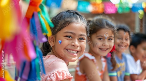 A schoolyard children are celebrating Cinco de Mayo. They're participating in fun activities like breaking a pi?+/-ata, face painting and learning about Mexican culture