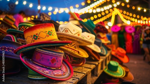 Colorful traditional mexican sombreros at market stall Cinco De Mayo