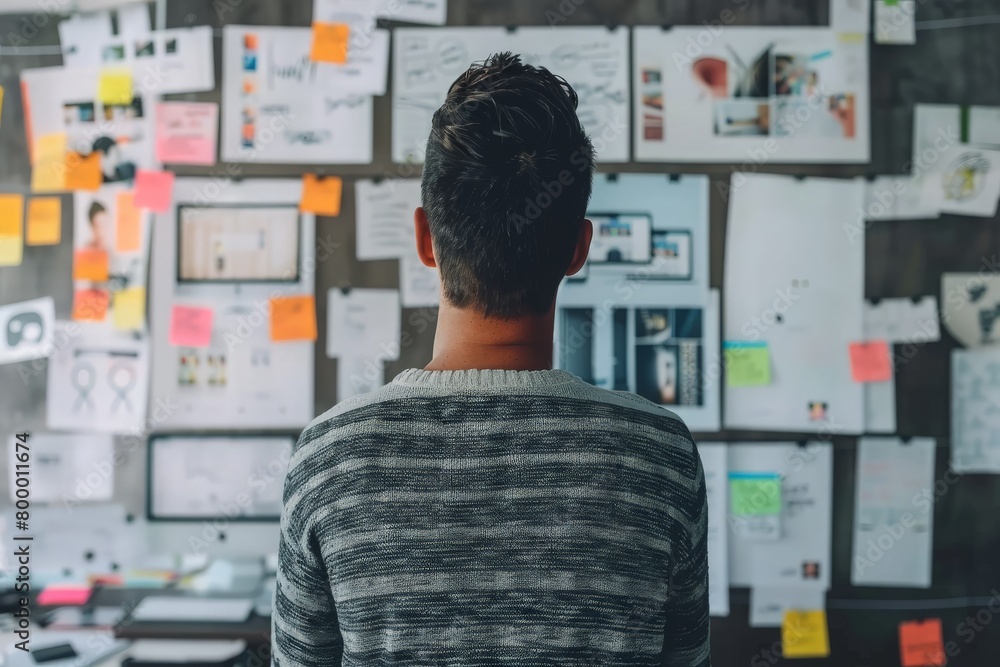 A man standing in front of a colorful wall covered in sticky notes, contemplating and organizing his thoughts. A man standing in front of a colorful wall covered in sticky notes, contemplating and organizing his thoughts.