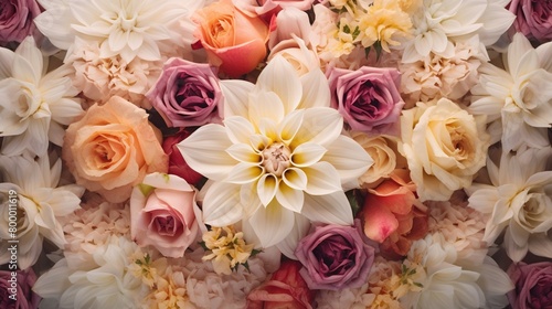 A close-up shot of wedding flowers arranged in a symmetrical pattern against a soft-focus background