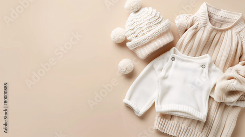 Mockup of baby clothes on plain background with copy-space for text. A newborn sweater in white color tone was displayed on a plain beige background with a beanie hat.