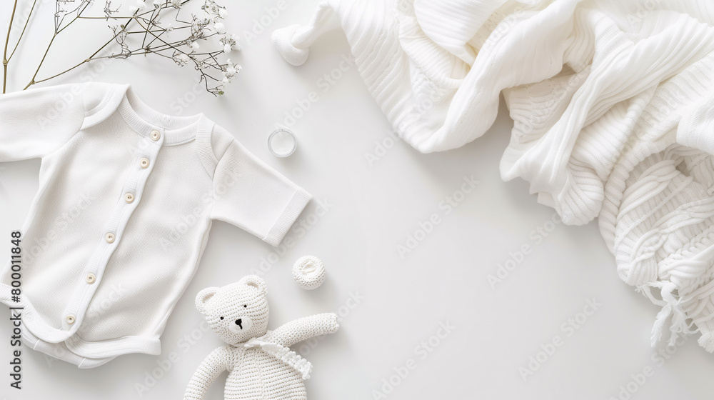 Mockup of baby clothes on plain background with copy-space for text. A newborn bodysuit in white color tone was displayed on a plain white background with cute decorations and a teddy doll. Mockup of baby clothes on plain background with copy-space for text. A newborn bodysuit in white color tone was displayed on a plain white background with cute decorations and a teddy doll.