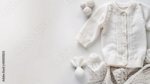 Mockup of baby clothes on plain background with copy-space for text. A newborn sweater in white color tone was displayed on a plain white background with cute decorations.