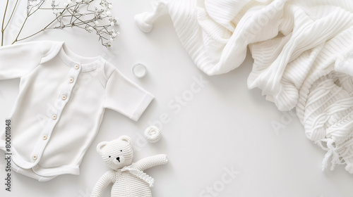 Mockup of baby clothes on plain background with copy-space for text. A newborn bodysuit in white color tone was displayed on a plain white background with cute decorations and a teddy doll.