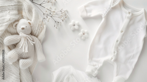 Mockup of baby clothes on plain background with copy-space for text. A newborn bodysuit in white color tone was displayed on a plain white background with cute decorations and a bear doll.