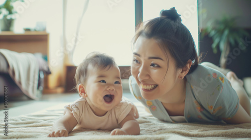 赤ちゃんと一緒に笑う母親 Mother smiling with her baby photo