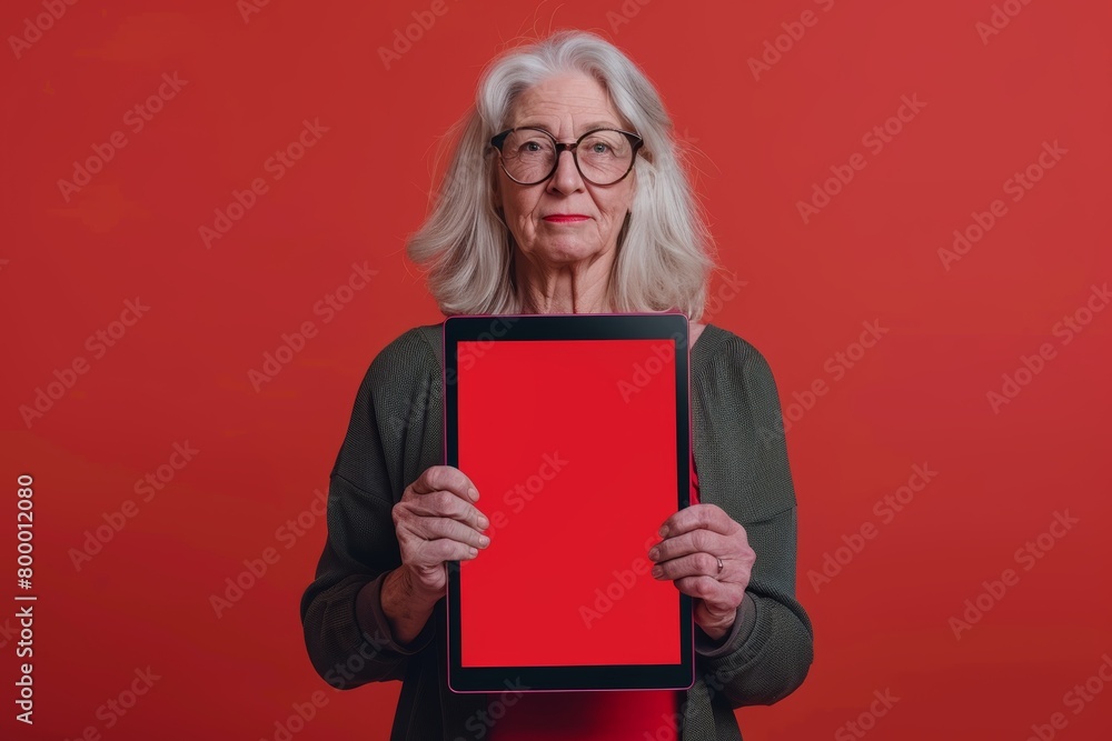 App mockup caucasian woman in her 60s holding a tablet with a fully red screen App mockup caucasian woman in her 60s holding a tablet with a fully red screen