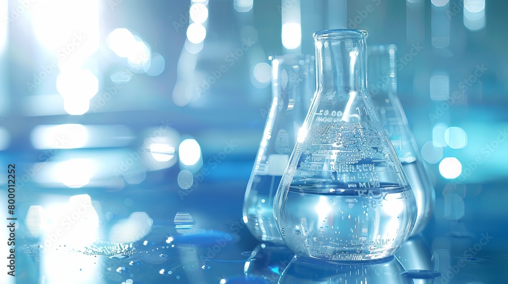 Blue science laboratory background: chemistry experiment with water in beaker and flask glass Blue science laboratory background: chemistry experiment with water in beaker and flask glass
