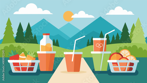 Baskets filled with delicious treats and refreshing drinks to enjoy during rest stops along the bike route.. Vector illustration