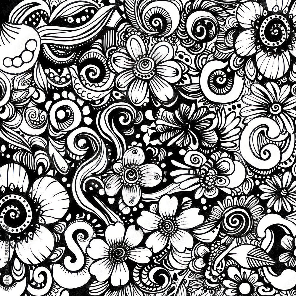 AI's creative prowess shines through in the intricate details of the abstract doodle art piece against a black and white background. AI's creative prowess shines through in the intricate details of the abstract doodle art piece against a black and white background.