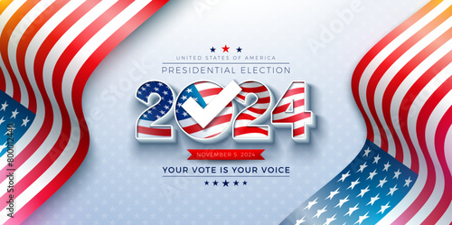 USA 2024 Presidential Election Banner Illustration with American Flag in Text Label on Light Background. Vector Vote Day, November 5. United States Election Voting Design with Typography for Poster