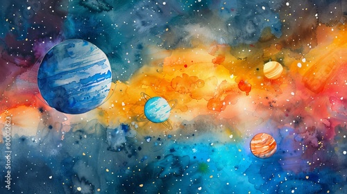 Vibrant watercolor planets and solar system background with cosmic splendor, astral artistry, and celestial harmony - captivating universe illustration for science, education, and cosmic enthusiasts photo