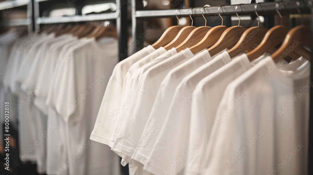 Obraz premium Stack of a lot of folded clothes background. T-shirts in white color were hanging on a clothes racks in a clothes shop.