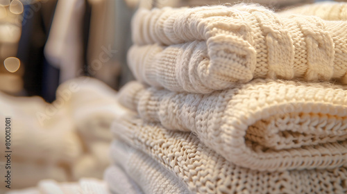 Stack of a lot of folded clothes background. Sweaters in white color tones were displayed in a clothes shop. Close-up, side view.