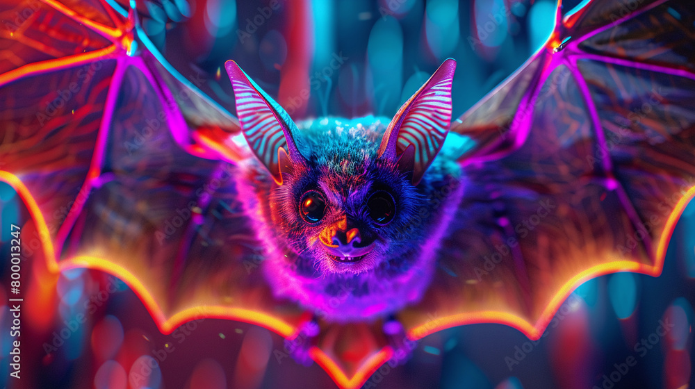Fototapeta premium A neon-colored bat with its wings outstretched against a dark background