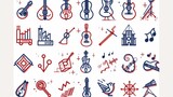 Colorful vector icons showcasing a variety of musical instruments, audio devices, and music symbols in a grid layout