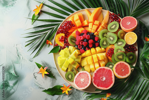Colorful tropical fruit platter with a variety of fresh slices a sunny summer sky, copy space