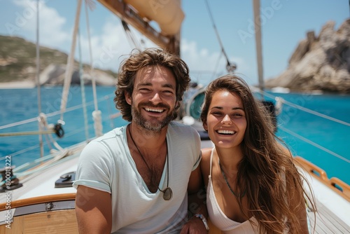 Happy couple smiling on a yacht © gearstd