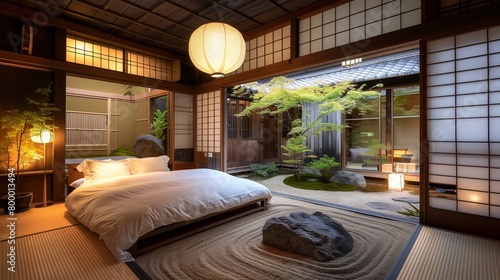 Traditional Japanese ryokan with paper lanterns, sliding doors, and a serene rock garden.