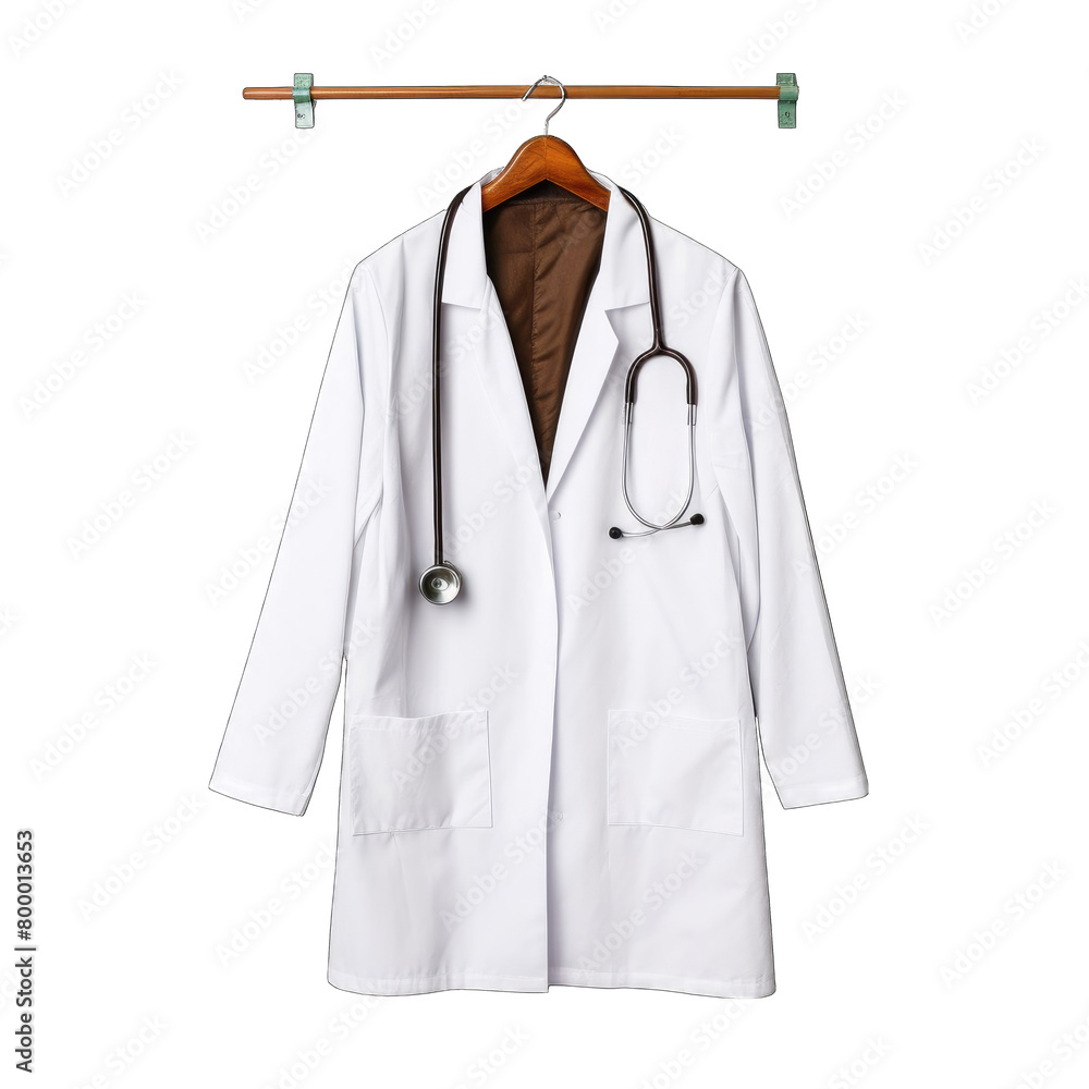 Doctors white coat with stethoscope on hanger Doctors white coat with stethoscope on hanger