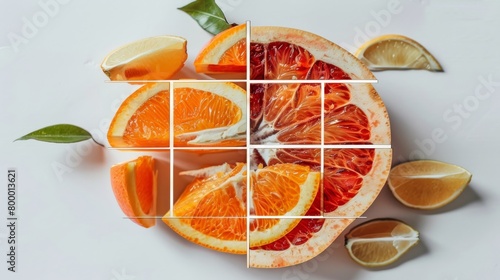 Artistically sliced orange revealing juicy segments surrounded by green peel