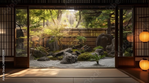 Traditional Japanese ryokan with paper lanterns  sliding doors  and a serene rock garden.