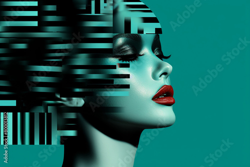 Miss in teal cap, halfturn, barcode background, bold graphic design ,  simple lines drawing photo