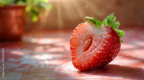 Vibrant fresh strawberry sliced in half on a sunlit background, dewy and tempting