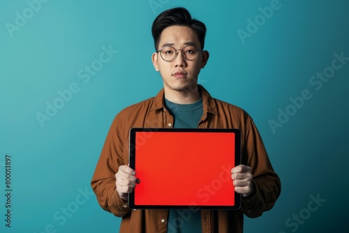 Application mockup asian man in his 30s holding a tablet with an entirely red screen