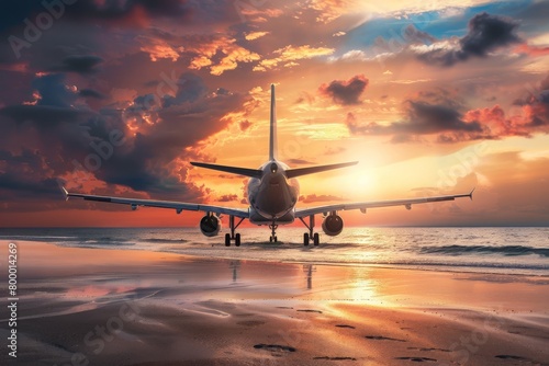 A serene sunset with an airplane ready for takeoff on a beach, casting reflections on wet sand.