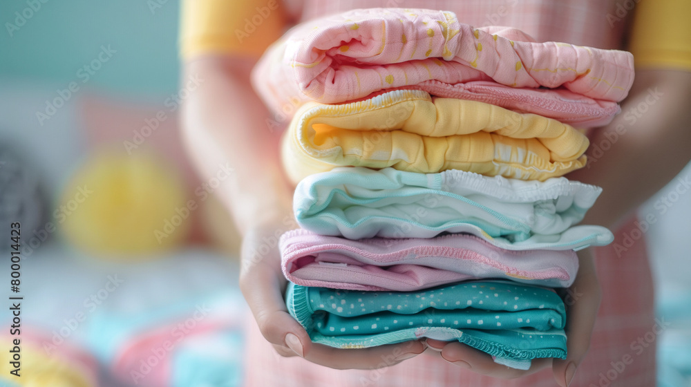 Close-up of two hands is holding stack of clothes on a plain background. Folded stacked diapers in pastel colors were held by a woman hands on a kid room background. Vivid colors. Close-up of two hands is holding stack of clothes on a plain background. Folded stacked diapers in pastel colors were held by a woman hands on a kid room background. Vivid colors.