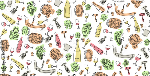 colorful wine elements hand drawn, doodle and vector illustration icons set