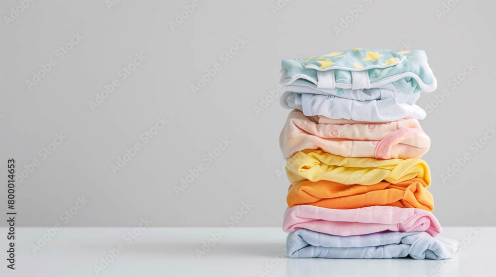 Stack of folded clothes on plain background with copy-space for text. All seasons collection. Diapers in Colorful pastel colors were displayed on a white desk and plain grey background. Stack of folded clothes on plain background with copy-space for text. All seasons collection. Diapers in Colorful pastel colors were displayed on a white desk and plain grey background.