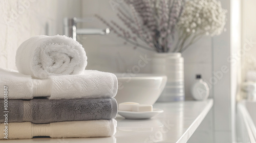 Stack of folded towels on plain background with copy-space for text. A lot of stacked towels in white, beige and grey color tones were displayed on a vanity counter background.