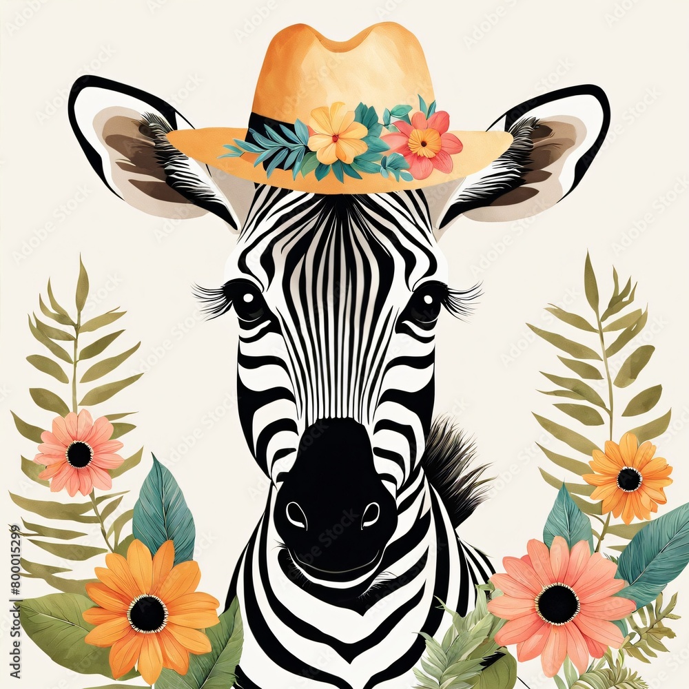 Fototapeta premium Floral Baby Zebra Nursery Illustration Generative AI Illustration 