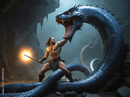 A man is holding a sword and fighting a large dark dragon snake. © magann