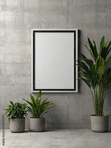 Empty white A4 vertical rectangle poster mockup frame with soft leaves shadows on neutral light grey concrete wall background. Flat lay, top view 3D illustration