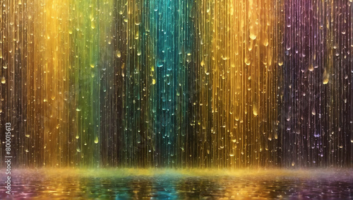 Abstract compositions featuring radiant-colored rain cascading down on a textured surface, with luminous hues like radiant yellow, gleaming gold, and shimmering silver against a backdrop ULTRA HD 8K photo
