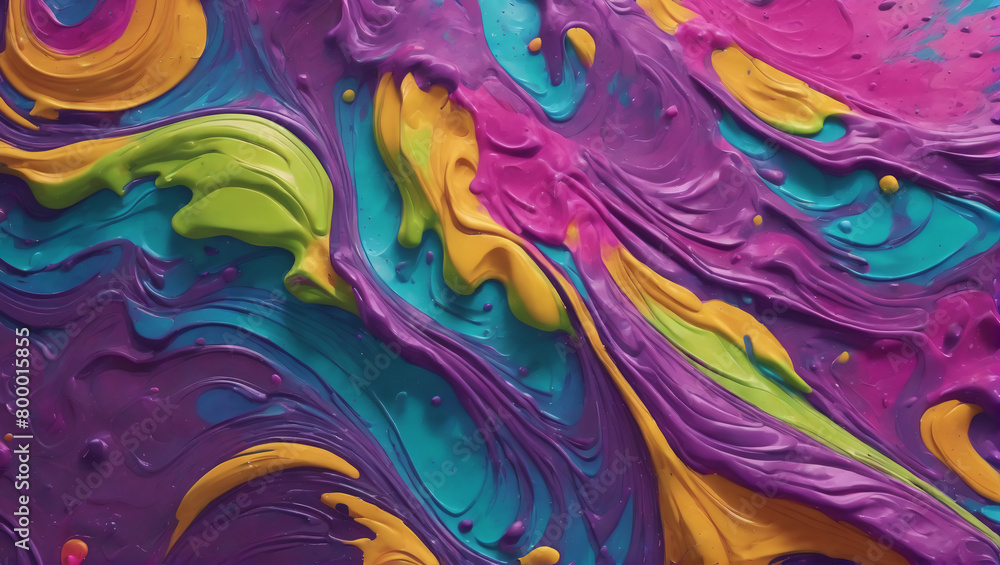 Image of colored paint splattering and spreading on a textured surface, with trippy hues like psychedelic purple, groovy green, and far-out fuchsia against a backdrop ULTRA HD 8K