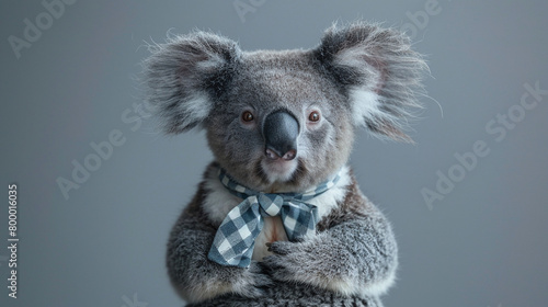 A studio portrait of a smiling koala wearing a checkered scarf