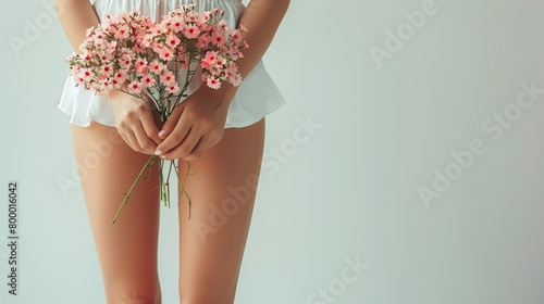 Healthy Legs. Women health and intimate hygiene. Beautiful Woman's body with smooth soft skin with flowers. Long woman legs on white with flowers. Skincare. Depilation. Epilation. Female health Care.