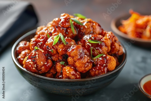 A bowl of sticky and spicy cauliflower bites, garnished with sesame seeds and spring onions photo