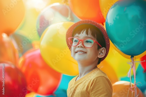 Cheerful boy with glasses holding balloons with a bright background of more balloons © Fxquadro